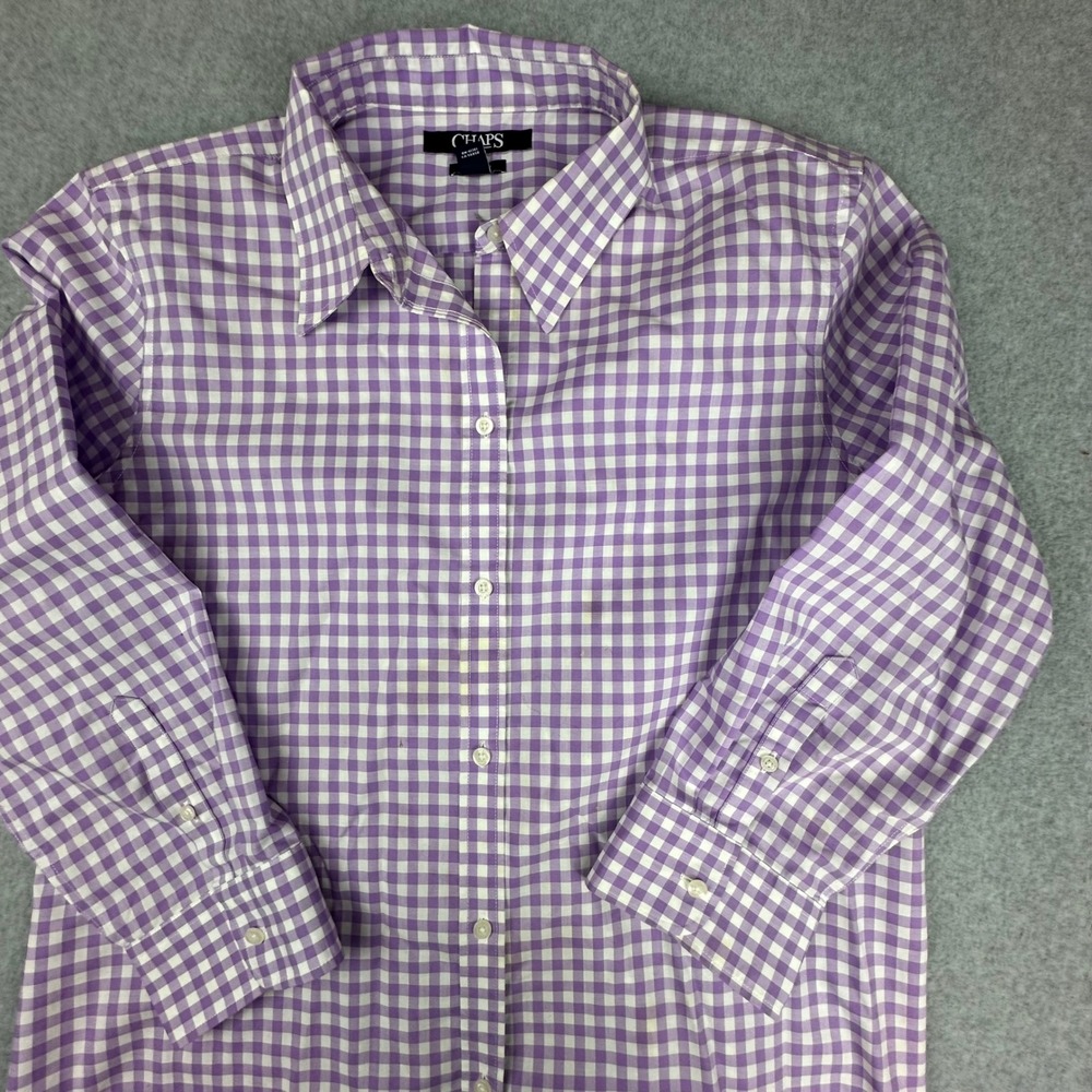 Chaps Womens Purple Gingham Check Button Down Shirt 3/4 Sleeve Size L